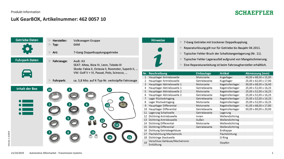 LUK Lagersatz DQ200 Getriebe 462 0057 10 – Reparaturlösung für 7 - Gang, DQ200